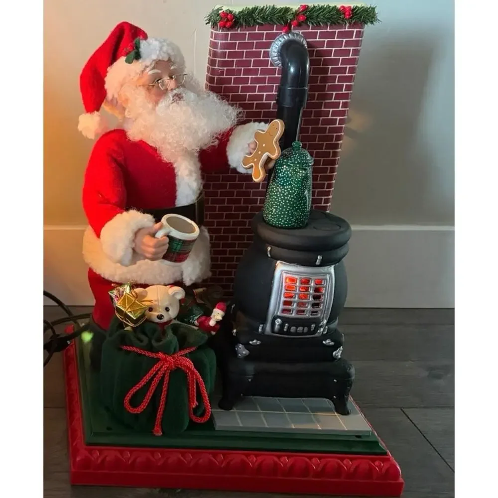 VTG Boxed Holiday Creations Animated Musical Lighted Santa Pot Belly Stove Works